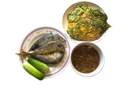 Thai tradition dish, Nam-prick-kra-pi with cucumber, and fry mackerelの写真素材