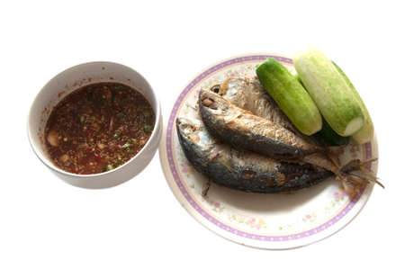 Thai tradition dish, Nam-prick-kra-pi with vegetable and fry mackerelの写真素材