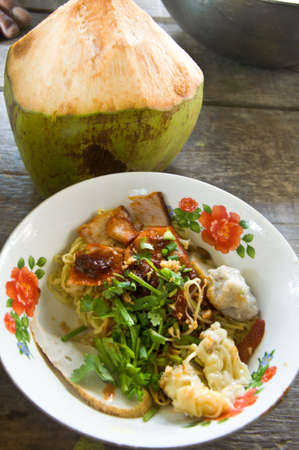 Asian style noodle with roasted red pork in summerの写真素材