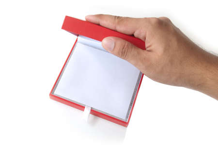 hand open notebook on white backgroundの写真素材