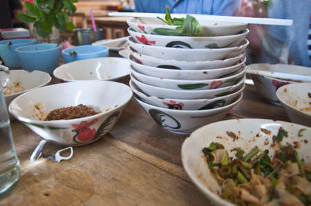 bowl of thai style pork noodle soup  nam-tok  thailandの写真素材