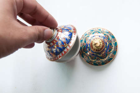 The Benjarong  Bencharong  , Ceramic jars with intricate designed from thailandの写真素材