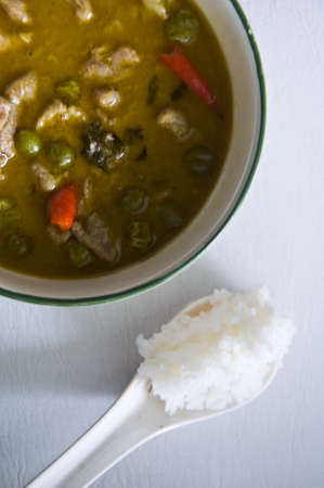 Spicy Thai green curry (Gaeng Keow Wan Gai) with riceの写真素材