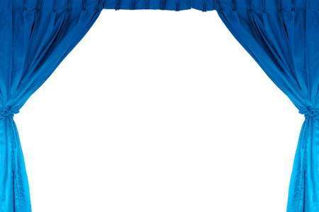 Theater stage with blue curtain. Isolated on white.の写真素材