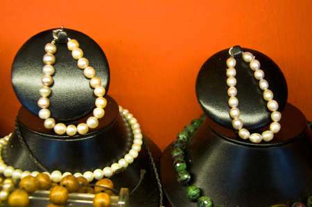 counter with garnet jewelry in storeの写真素材