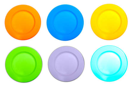Colorful plates isolated on a white backgroundの写真素材