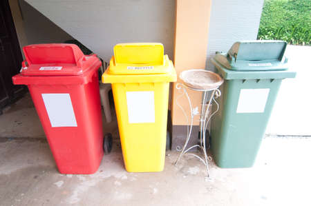 Three color recycle garbage bins in the parkの写真素材