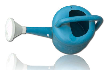blue plastic watering can, isolated on white background の写真素材