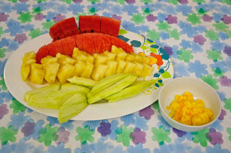 fresh tropical fruits - watermelon,pineappleand mangoの写真素材