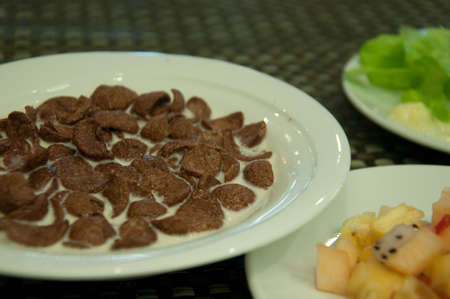 Bowl of chocolate corn flakes cerealの写真素材