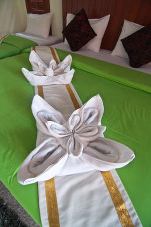 flower made from towels in the hotel on bedのeditorial素材