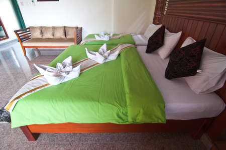 Green Bedroom ready for guests in soft warm lightingのeditorial素材