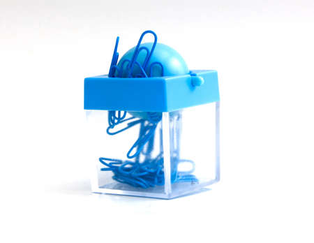blue clip in box isolated on whiteの写真素材