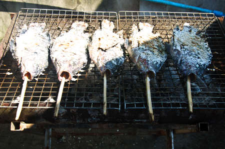 Many grilled snakehead fish covered by saltの写真素材