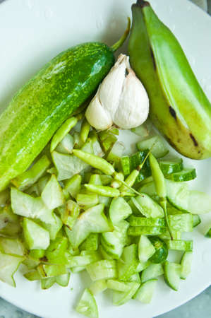 Fresh vegetables  star apple, cucumber, chilli and garlicの写真素材