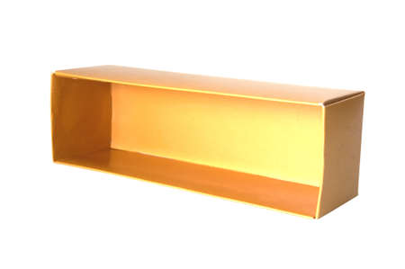 Open gold cardboard box isolated on a white backgroundの写真素材