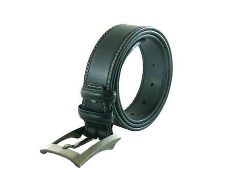 dark brown leather belt isolated on whiteの写真素材