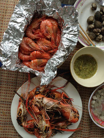 Fresh seafood on table prepare for eatの素材