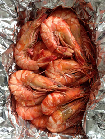 Close up shrimp in foilの素材