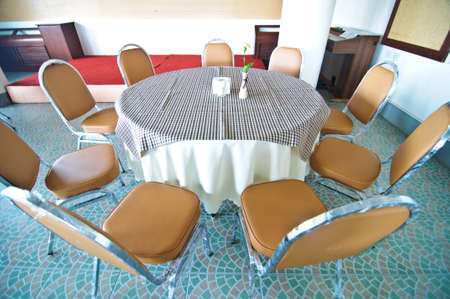 Hotel Hall interior with round tables set up for dinnerの写真素材