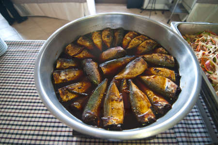Mackerel soak in syrup,local food of Thailandの写真素材