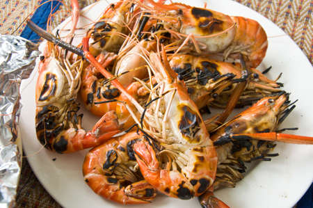 Close up of Grilled Shrimps on white plateの写真素材