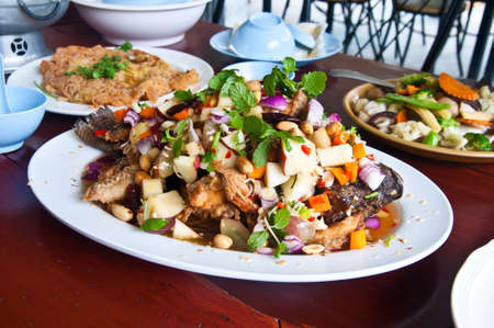 Thai dressed salad, mix of lemongrass and spice, close upの写真素材