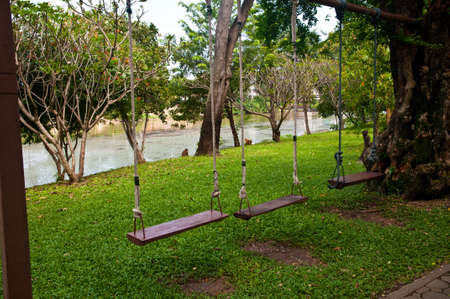 A tree with swing on background lakeの写真素材