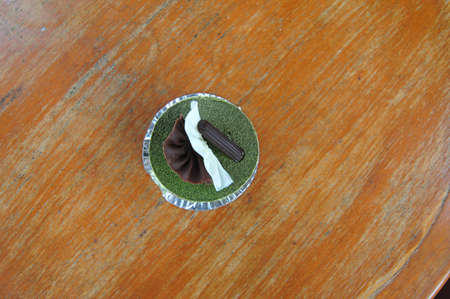 Delicious cake! Fresh and healthy! green tea on woodの写真素材