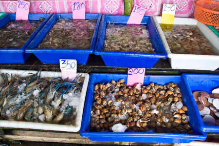 Seafood for sale at fresh food market in Thailand.の写真素材