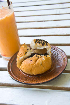 breakfast Refreshing cold frappe tea and breadの写真素材