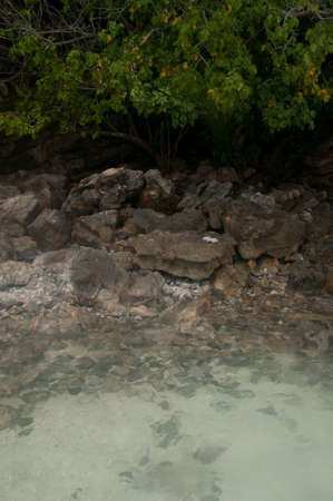 sea wave rolls on a rocky shoreの写真素材
