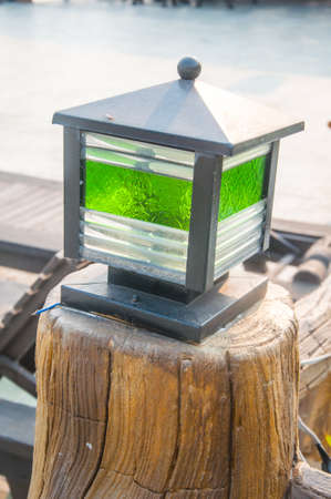 garden lamp on wood for decorationの写真素材