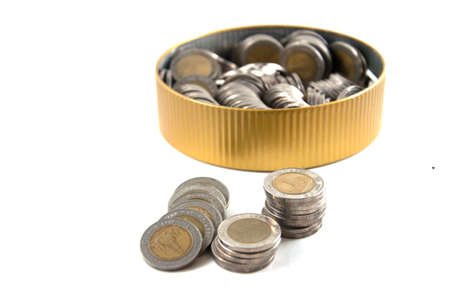 Thai ten baht coin stack on white backgroundの写真素材
