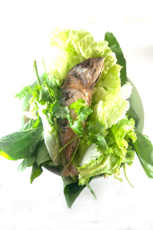 fried mackerel and vegetable Thai foodの写真素材