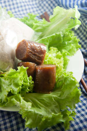 Thai sausage : Fish Salad ,Thai dish shredded fish mixed with slices of pork skin sausageの写真素材