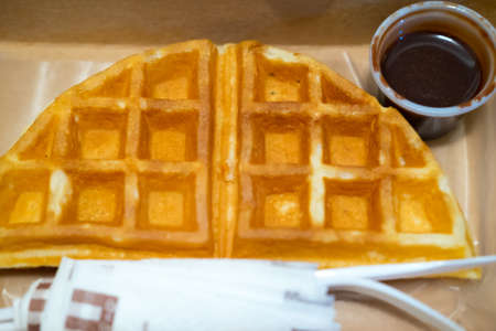 Traditional Belgian Waffles with chocolate sauceの写真素材