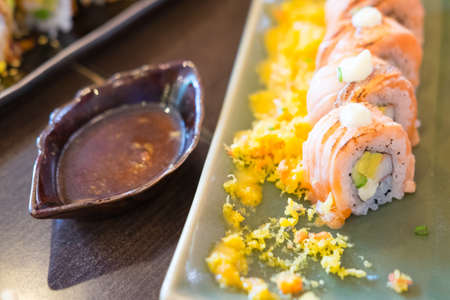 Sushi salmon tempura and shrimp selective focusの写真素材