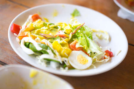 Eating vegetable saalad with boiled eggsの写真素材