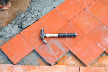 floor tile for foot path installation. Outdoor construction siteの写真素材