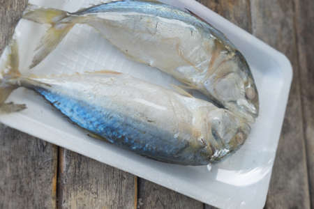 Two of steamed mackerel fish in foam trayの写真素材