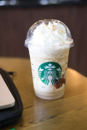 Samutprakarn, Thailand - May 6, 2016: Glass of Starbuck Coffee Frappuccino Blended Beverages. Starbucks is the world's largest coffee house with over 20,000 stores in 61 countriesのeditorial素材