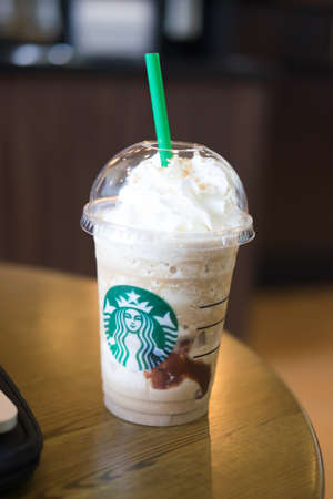 Samutprakarn, Thailand - May 6, 2016: Glass of Starbuck Coffee Frappuccino Blended Beverages. Starbucks is the largest coffee house company.のeditorial素材