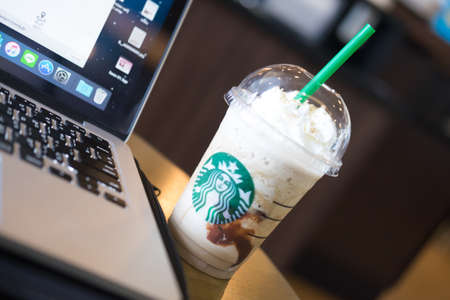 Samutprakarn, Thailand - May 6, 2016: Glass of Starbuck Coffee Frappuccino Blended Beverages. Starbucks is the world's largest coffee house with over 20,000 stores in 61 countriesのeditorial素材