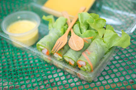 Salad roll vegetables with salad dressing in dish for Health