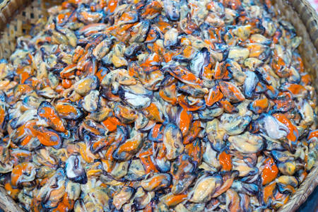 Fresh mussel ready for cooking fried mussel pancakes. Prepare to cooking for sale in local food market.の写真素材