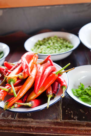 fresh red chilli in zinc bowl, Preparation Concept for Thai hot foodの写真素材