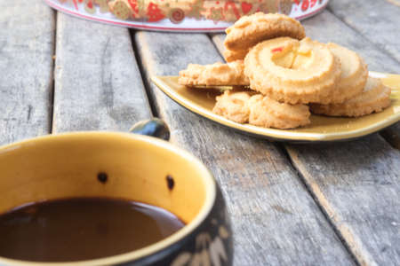 cookies with yellow ceramic dish, selective focus