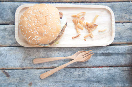 Homemade Traditional Hamburgers Pork in wood trayの写真素材