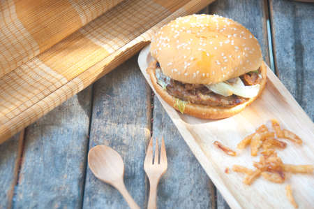 Closeup of homemade hamburger with fresh vegetablesの写真素材